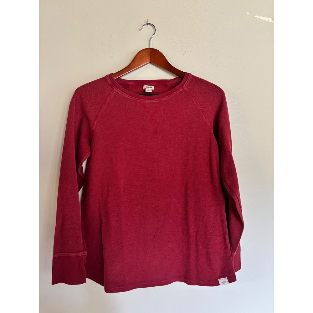 LL Bean Womens Waffle Knit Thermal Top Burgundy Red Cotton Small 507493